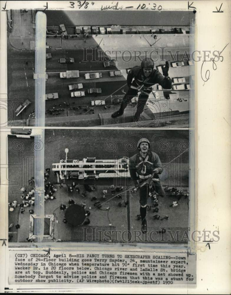 1970 Press Photo Mountaineer Terry Snyder&#39;s outdoor show stunt, Chicago- Historic Images