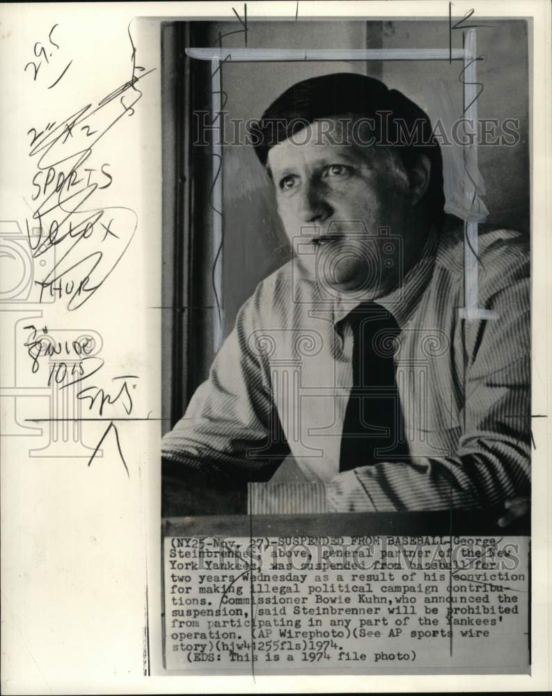 1974 Press Photo New York Yankees&#39; George Steinbrenner suspended from operation- Historic Images