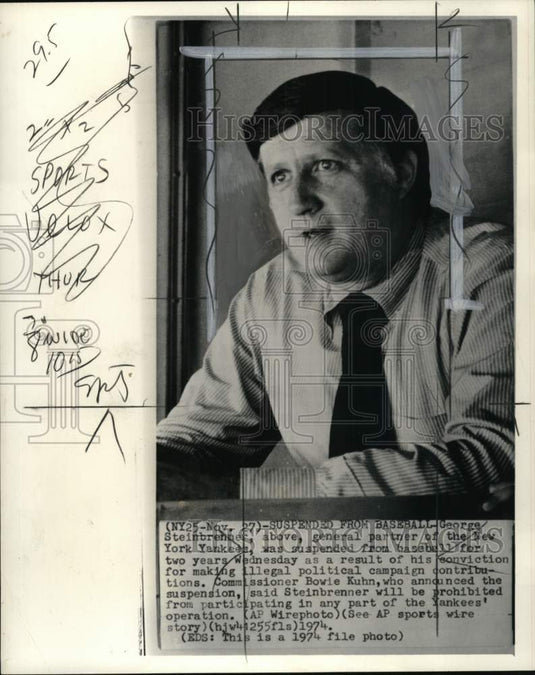1974 Press Photo New York Yankees' George Steinbrenner suspended from operation- Historic Images