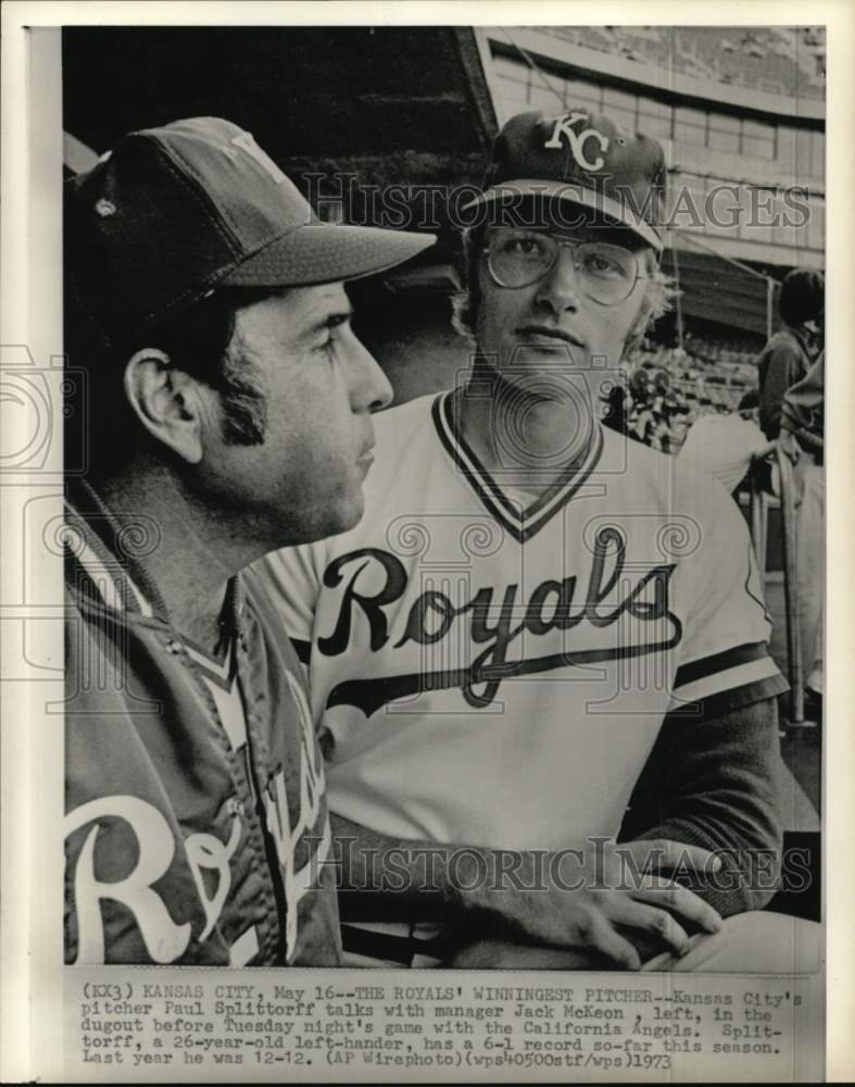 1973 Press Photo Kansas City's Jack McKeon & Paul Splittorff, Baseball, Missouri- Historic Images