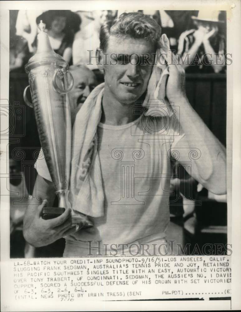 1951 Press Photo Tennis player Frank Sedgman & winners trophy, Los Angeles, CA- Historic Images