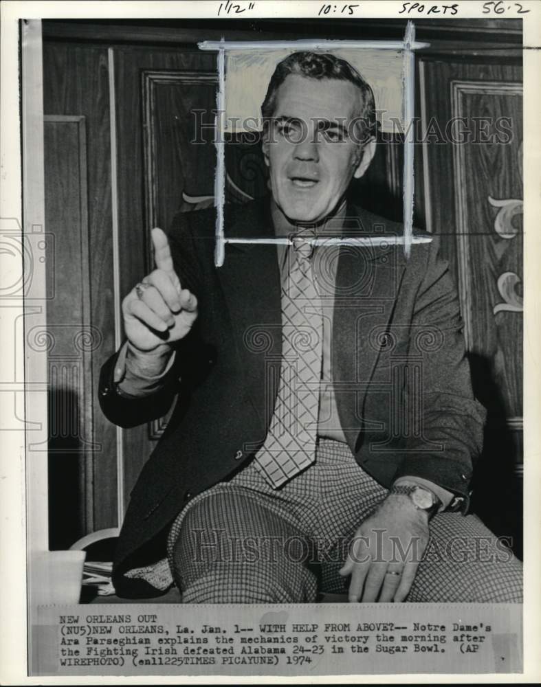 1974 Press Photo Notre Dame's Football coach Ara Parseghian, New Orleans, LA- Historic Images