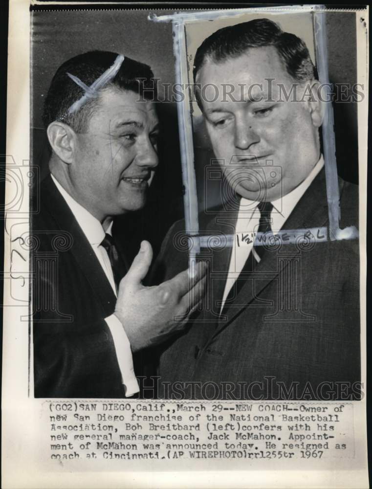 1967 Press Photo San Diego basketball Jack McMahon & Bob Breitbard, CA- Historic Images