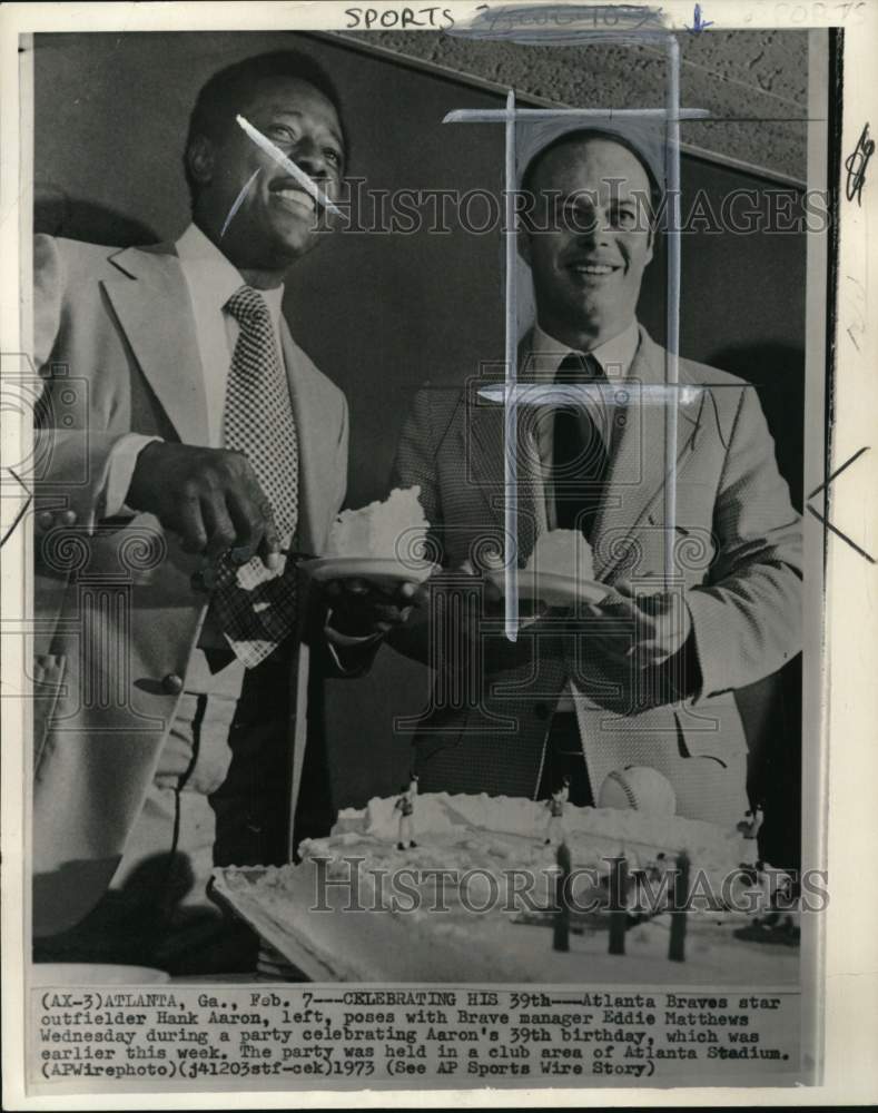 1973 Press Photo Atlanta Braves baseball manager Eddie Matthews & Hank Aaron, GA- Historic Images