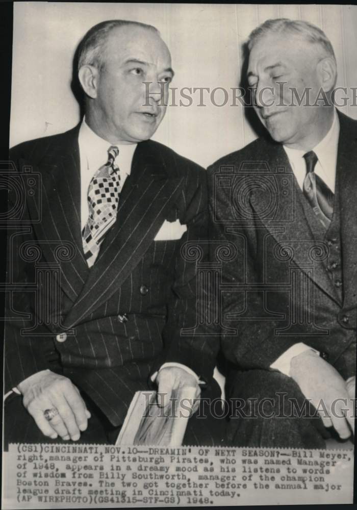 1948 Press Photo Braves baseball manager Billy Southworth & Bill Meyer, Ohio- Historic Images