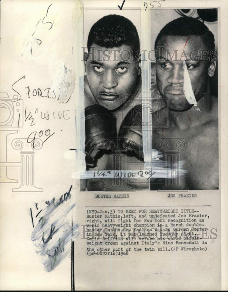1968 Press Photo Heavyweight title boxing contenders Buster Mathis &amp; Joe Frazier- Historic Images