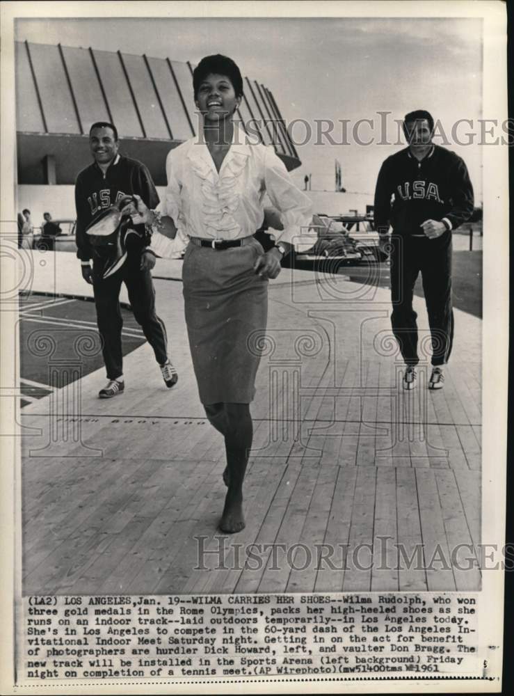 1961 Press Photo Runner Wilma Rudolph, Dick Howard &amp; Don Bragg, Indoor Track, CA- Historic Images