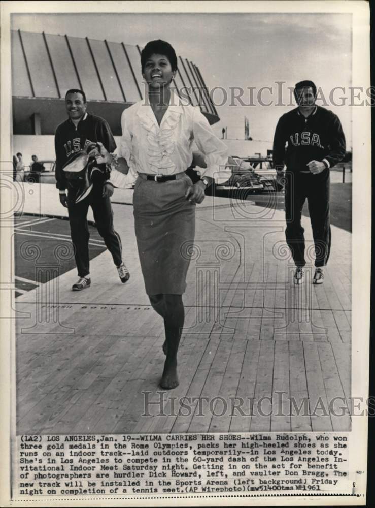 1961 Press Photo Runner Wilma Rudolph, Dick Howard & Don Bragg, Indoor Track, CA- Historic Images