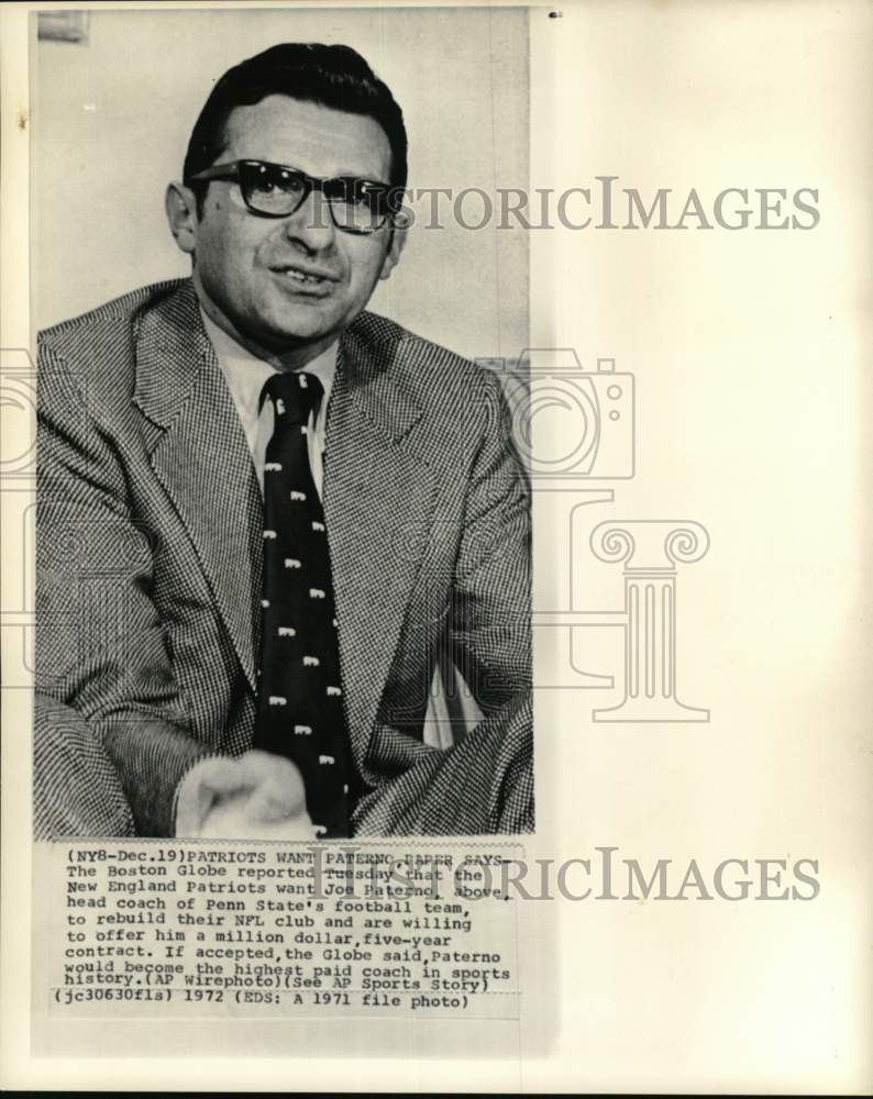 1971 Press Photo Penn State University&#39;s football coach Joe Paterno - pis03296- Historic Images