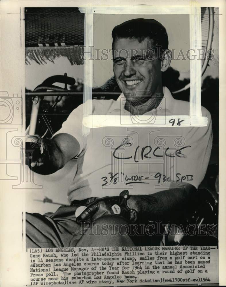 1964 Press Photo Philadelphia Phillies&#39; Gene Mauch, Manager of the Year, CA- Historic Images