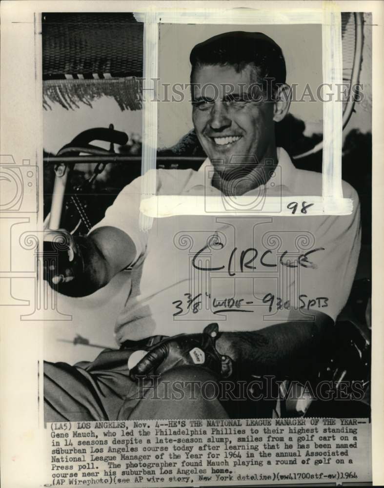1964 Press Photo Philadelphia Phillies' Gene Mauch, Manager of the Year, CA- Historic Images