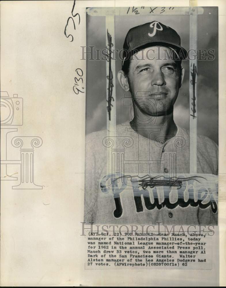1962 Press Photo Philadelphia Phillies&#39; Gene Mauch wins Manager of the Year- Historic Images