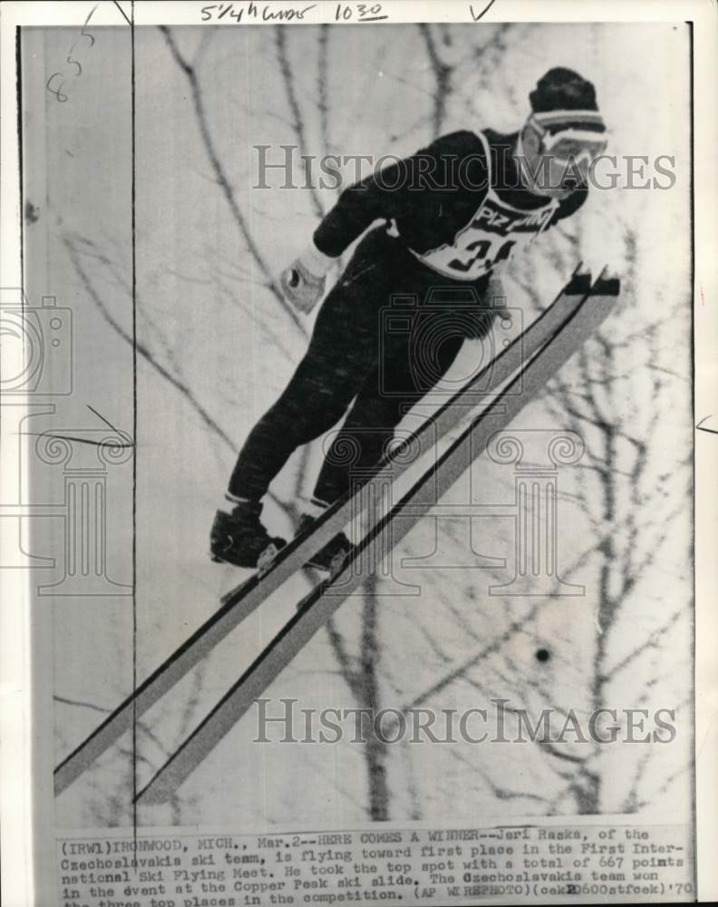 1970 Press Photo Jeri Raska wins International Ski Flying Meet, Ironwood, MI- Historic Images