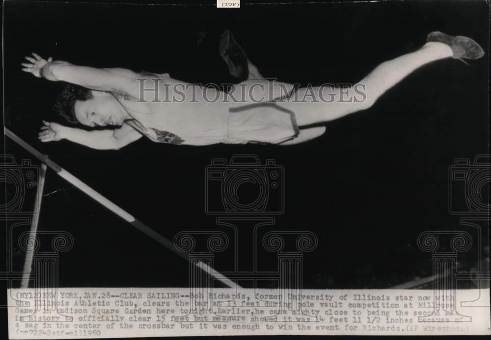 1950 Press Photo Bob Richards during pole vault competition, Millrose Games, NY- Historic Images