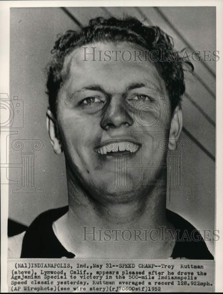 1952 Press Photo Race car driver Troy Ruttman wins Indianapolis 500, Indiana- Historic Images