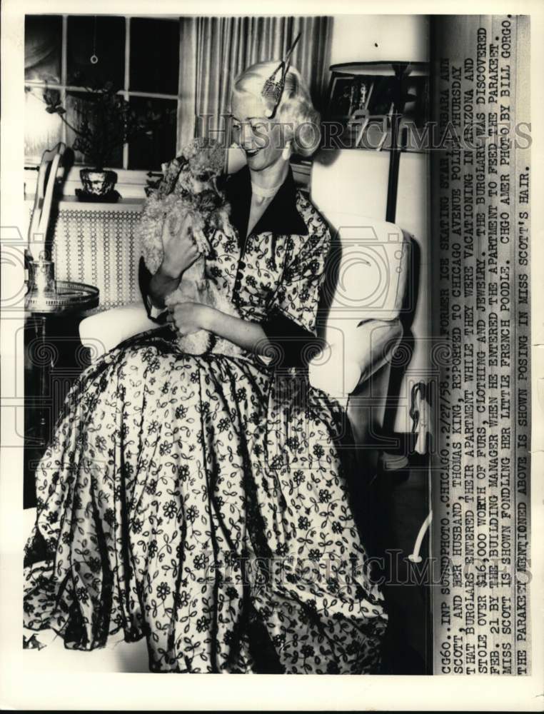 1958 Press Photo Ex-skater Barbara Ann Scott with her French poodle, Chicago- Historic Images