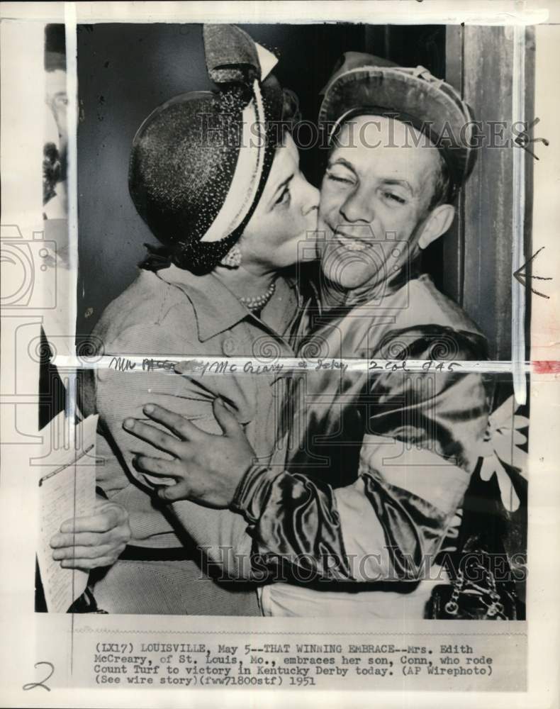 1951 Press Photo Kentucky Derby winner jockey Conn McCreary &amp; mom Edith McCreary- Historic Images