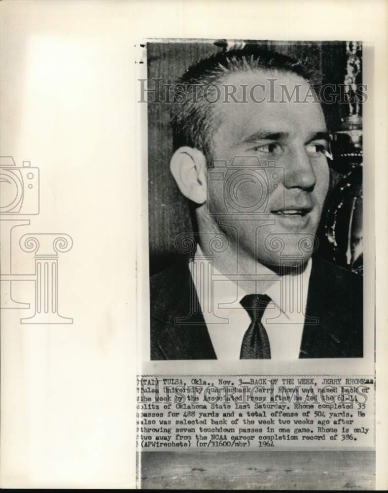 1964 Press Photo Tulsa University&#39;s quarterback Jerry Rhome, Tulsa, Oklahoma- Historic Images