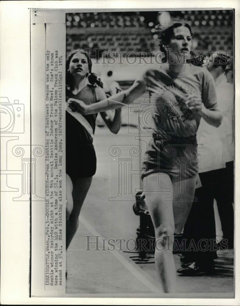 1974 Press Photo Runner Fran Sichting, Indoor Track Meet, Seattle, Washington- Historic Images