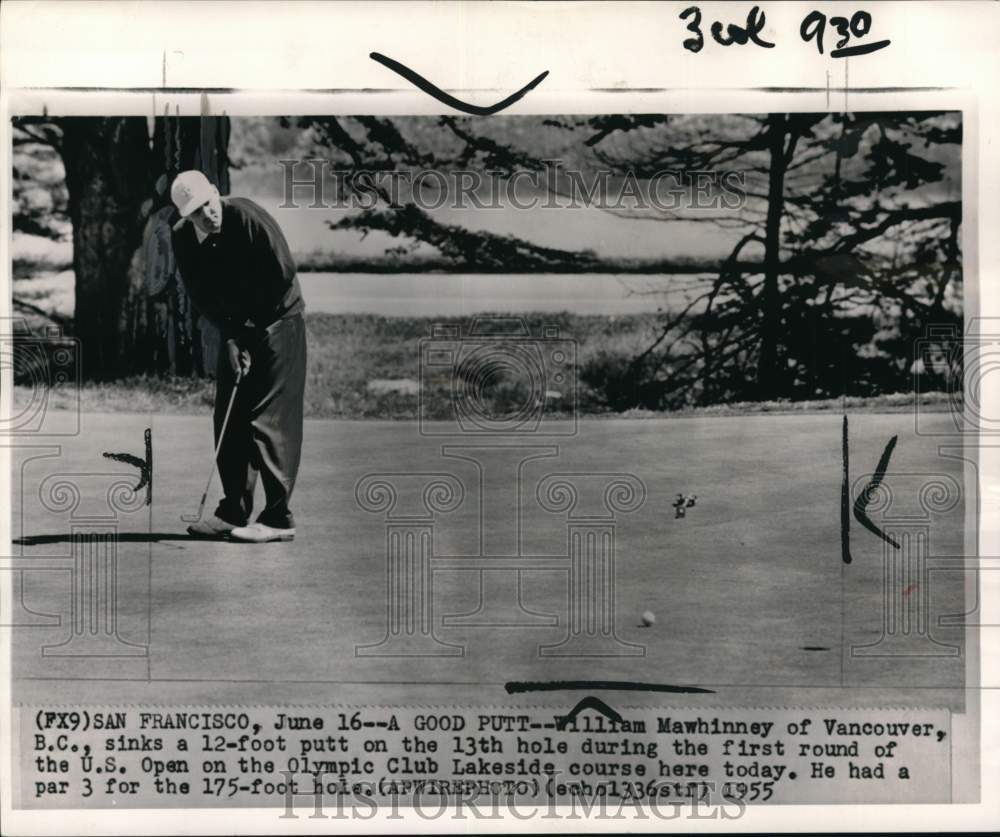 1955 Press Photo Golfer William Mawhinney making a putt, San Francisco- Historic Images