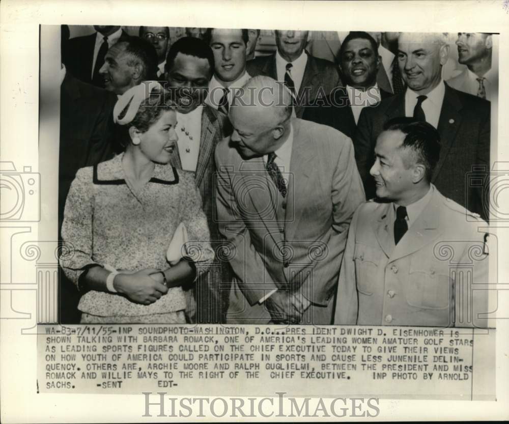 1955 Press Photo President Dwight D. Eisenhower speaks with Barbara Romack, DC- Historic Images