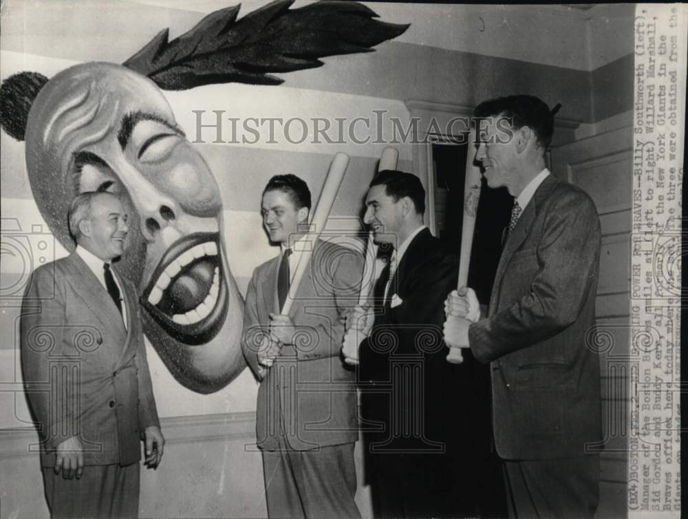 1950 Press Photo Billy Southworth with new Braves batters, Baseball, Boston- Historic Images