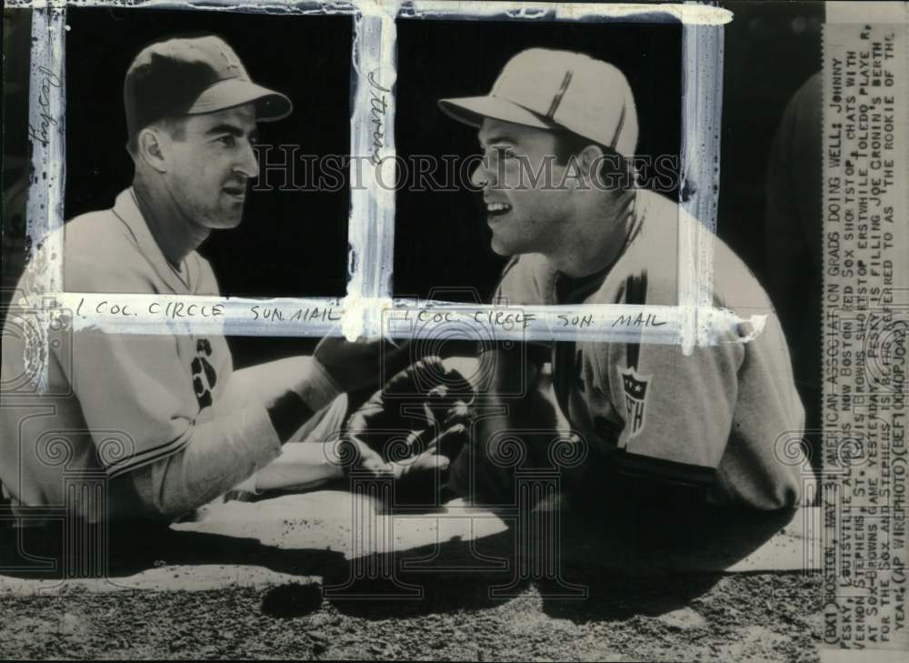 1942 Press Photo Baseball's Johnny Pesky Of Red Sox, Vernon Stephens Of Browns- Historic Images
