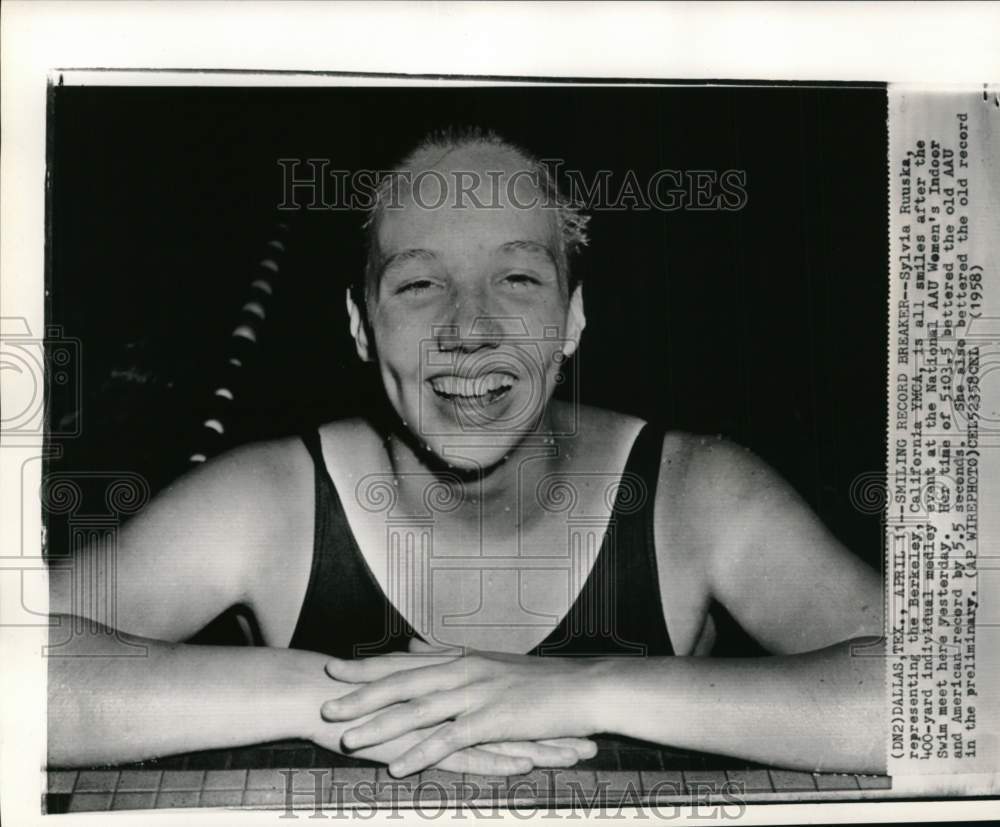 1958 Press Photo Sylvia Ruuska, National AAU Women&#39;s Indoor Swim Meet, Texas- Historic Images