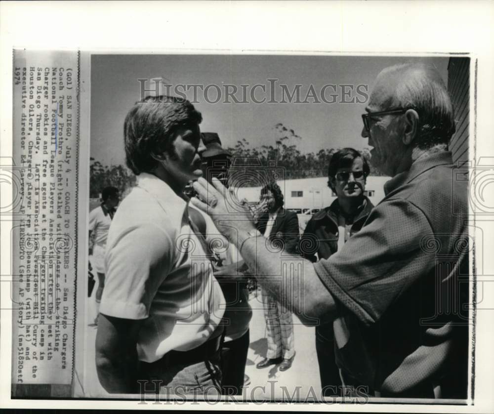 1974 Press Photo San Diego Chargers&#39; Tommy Prothro confronts players strike, CA- Historic Images
