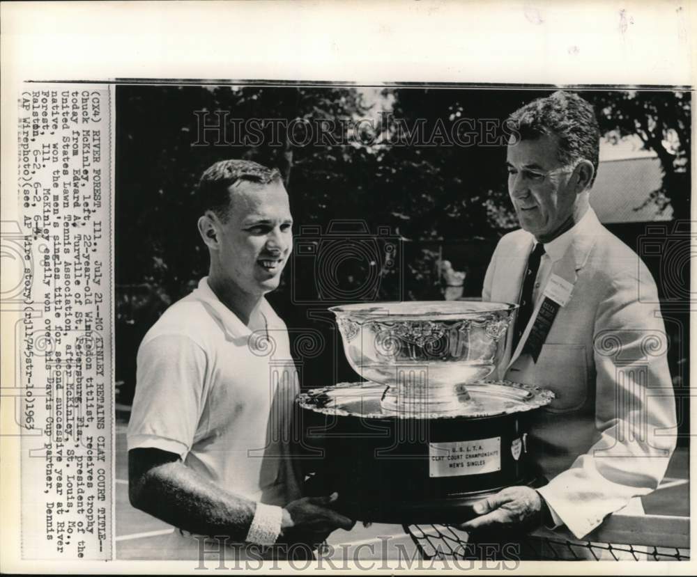 1963 Press Photo Chuck McKinley gets trophy from Edward A. Turnville, Tennis, IL- Historic Images