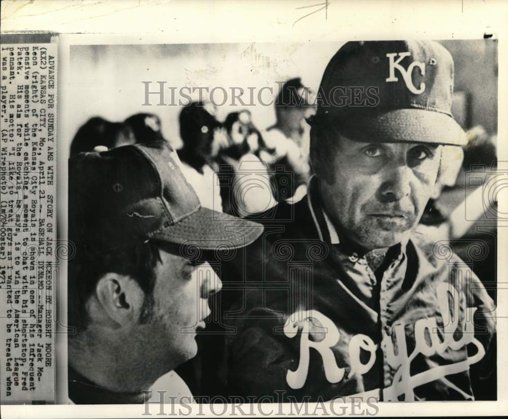 1973 Press Photo Royals' Fred Patek & baseball manager Jack McKeon, Missouri- Historic Images