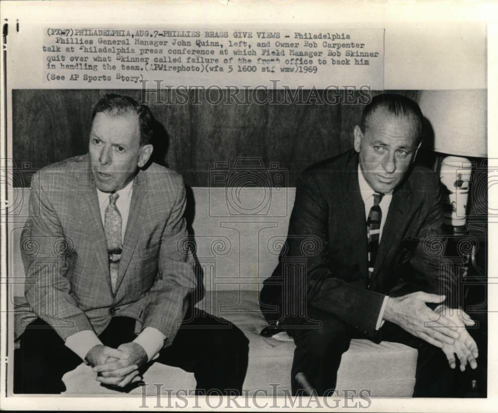 1969 Press Photo Phillies&#39; baseball manager John Quinn &amp; owner Bob Carpenter, PA- Historic Images