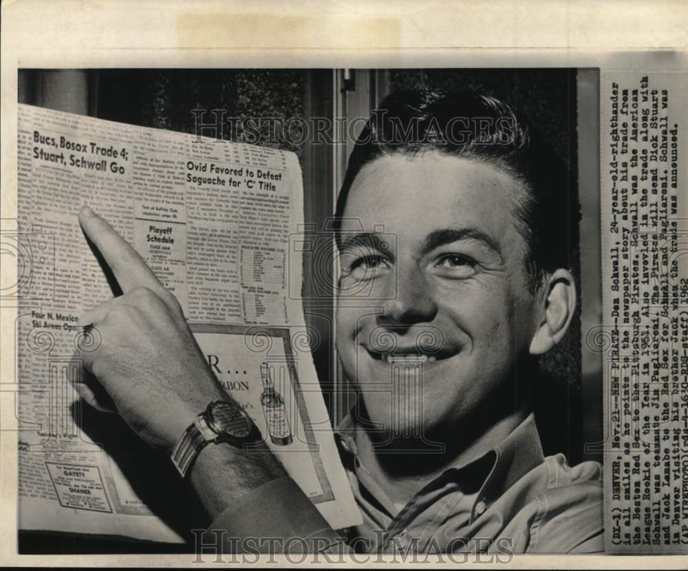 1962 Press Photo Pittsburgh Pirates' baseball player Don Schwall, Denver, CO- Historic Images