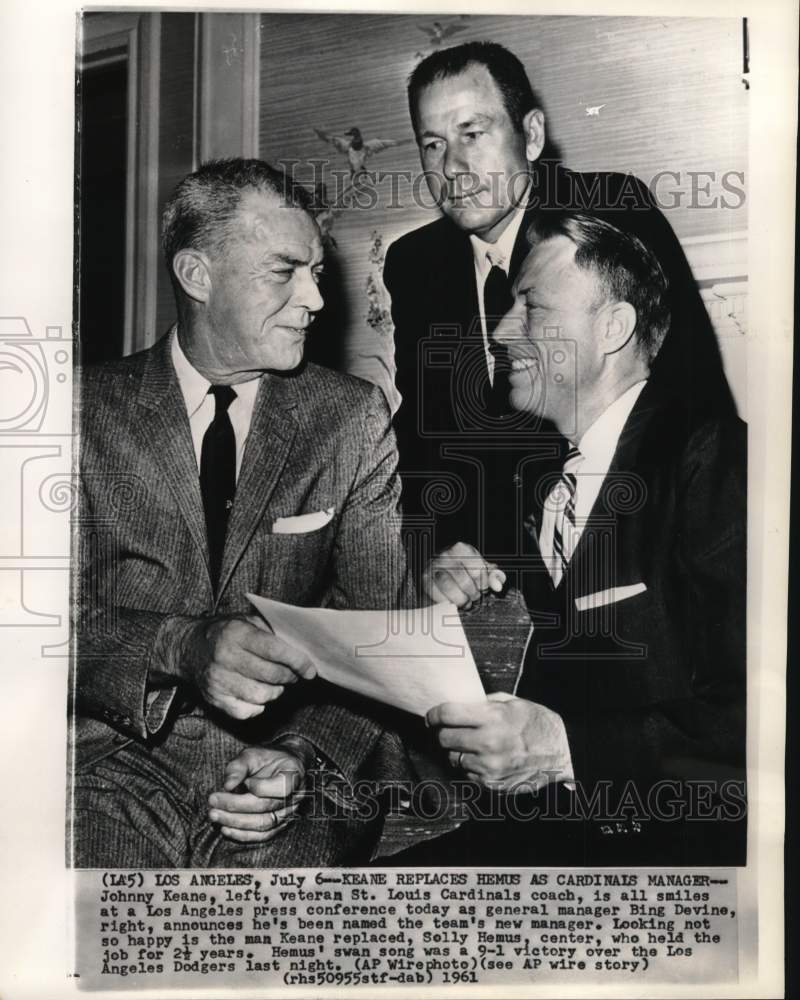 1961 Press Photo Cardinals' Bing Devine, Johnny Keane, Bing Devine, Baseball, CA- Historic Images