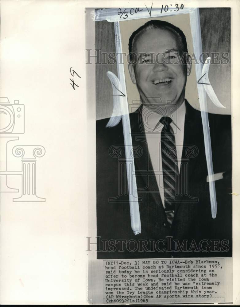 1965 Press Photo Portrait of Dartmouth&#39;s football coach Bob Blackman - pis04439- Historic Images