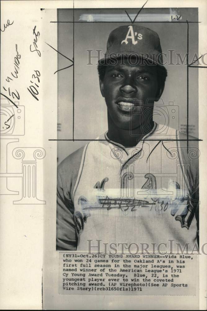 1971 Press Photo Portrait of Oakland Athletics' baseball pitcher Vida Blue- Historic Images