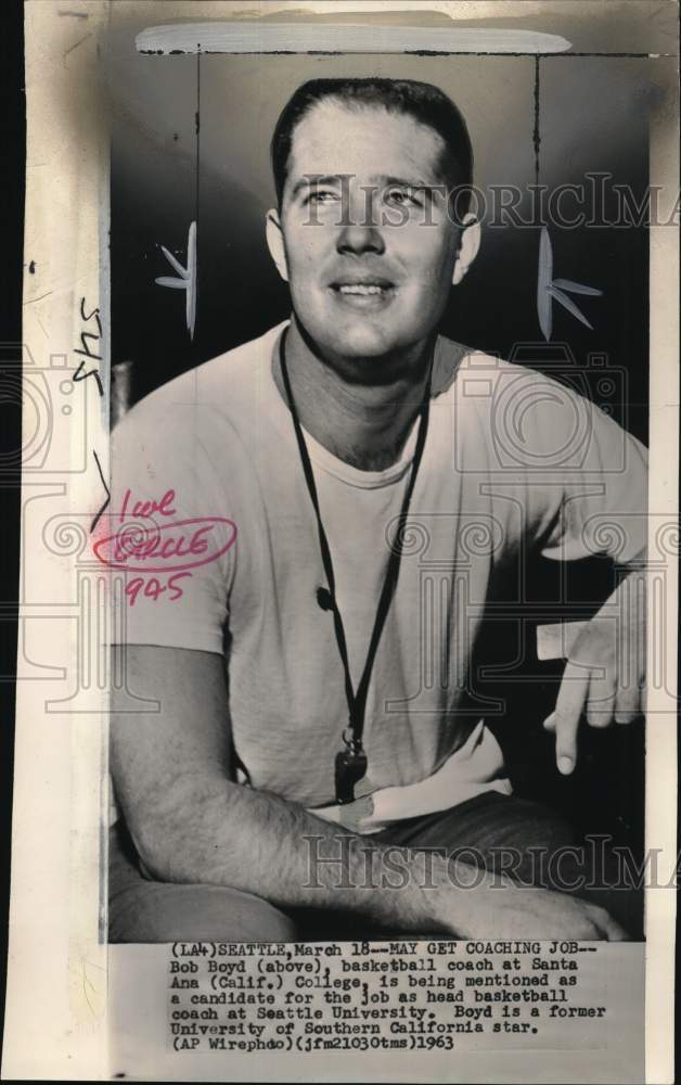 1963 Press Photo Santa Ana College&#39;s basketball coach Bob Boyd, Seattle, WA- Historic Images