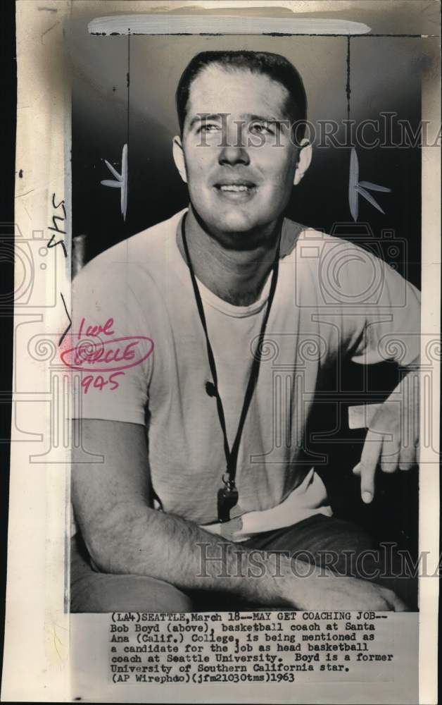 1963 Press Photo Santa Ana College's basketball coach Bob Boyd, Seattle, WA- Historic Images