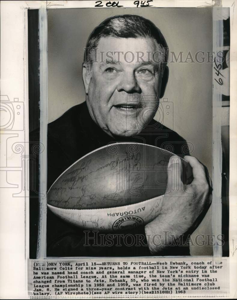 1963 Press Photo New York Jets&#39; head coach Weeb Ewbank, New York - pis04606- Historic Images