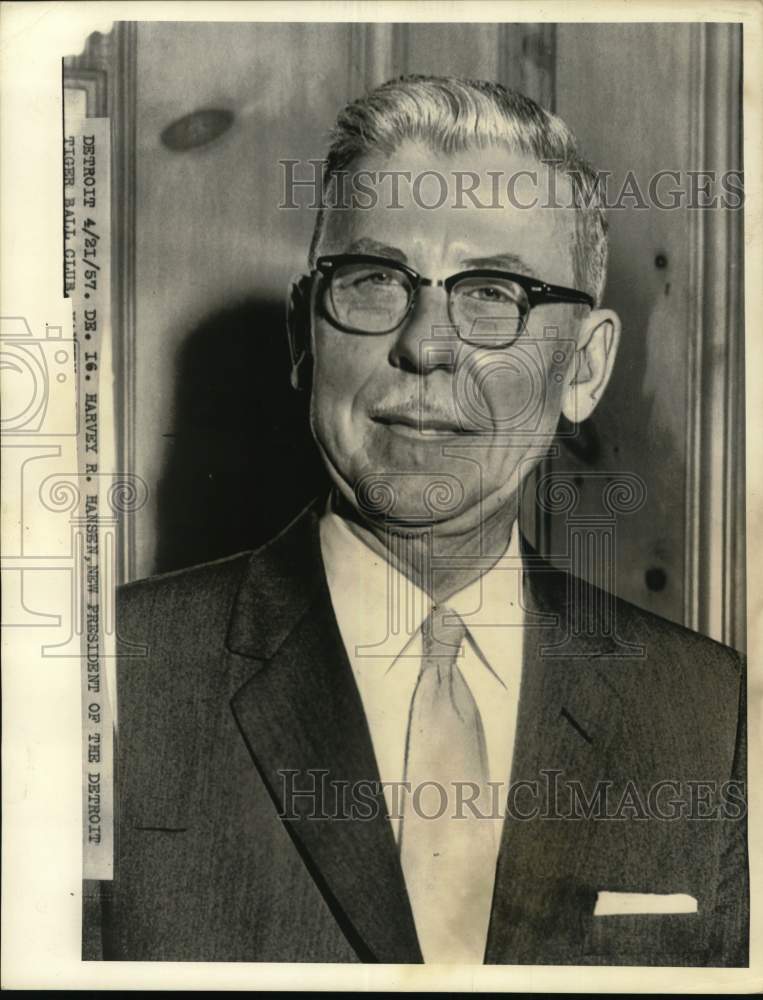 1957 Press Photo Detroit Tigers&#39; baseball club president Harvey R. Hansen- Historic Images