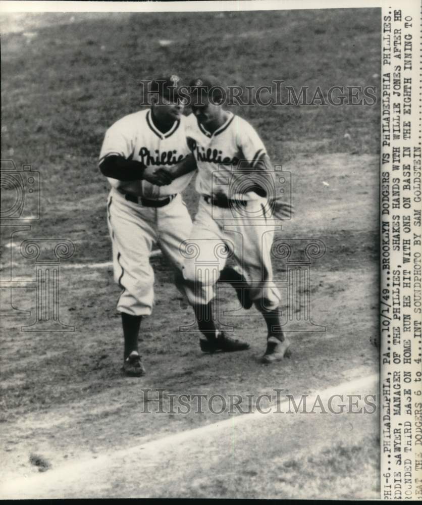 1949 Press Photo Philadelphia Phillies Willie Jones &amp; Eddie Sawyer, baseball, PA- Historic Images