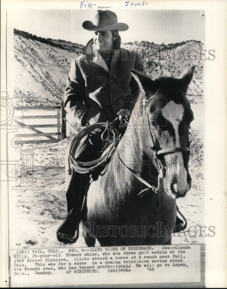 1968 Press Photo French skier Jean-Claude Killy rides horse, Vail, Colorado- Historic Images