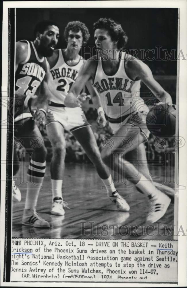 1974 Press Photo Suns&#39; Keith Erickson in basketball game against Sonics, Phoenix- Historic Images