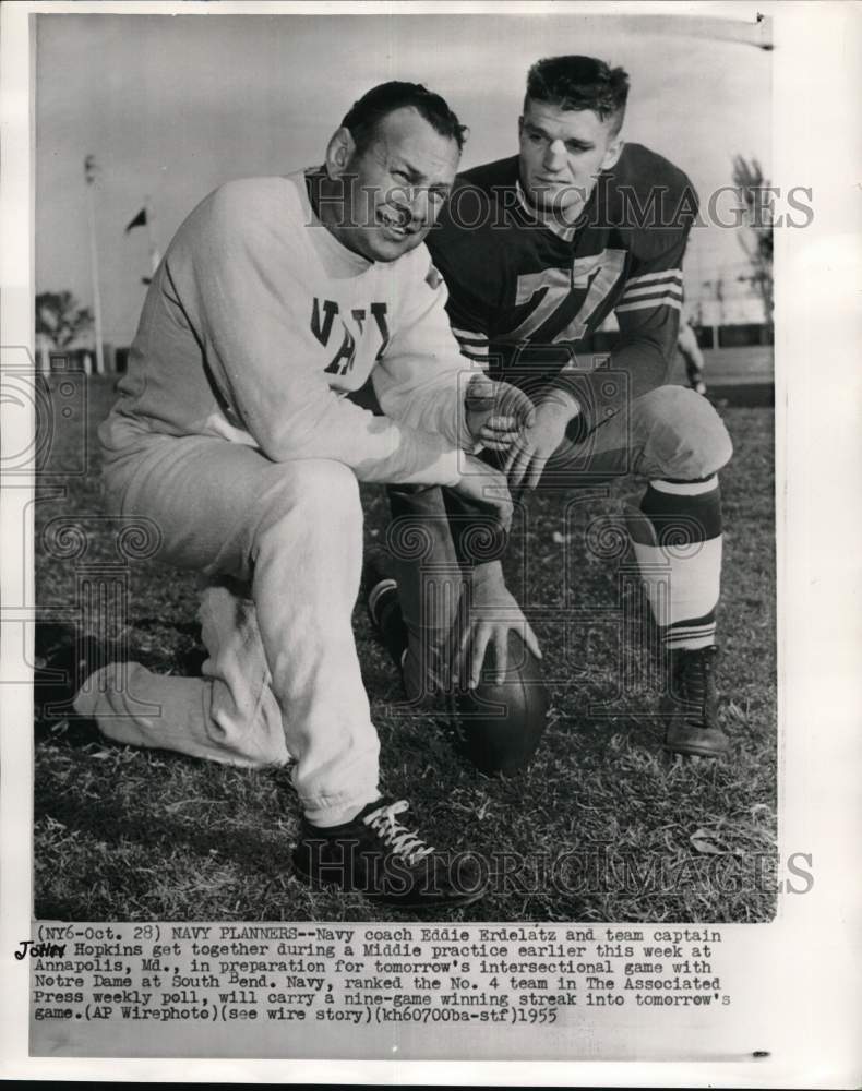 1955 Press Photo Coach Eddie Erdelatz &amp; John Hopkins at football practice, MD- Historic Images
