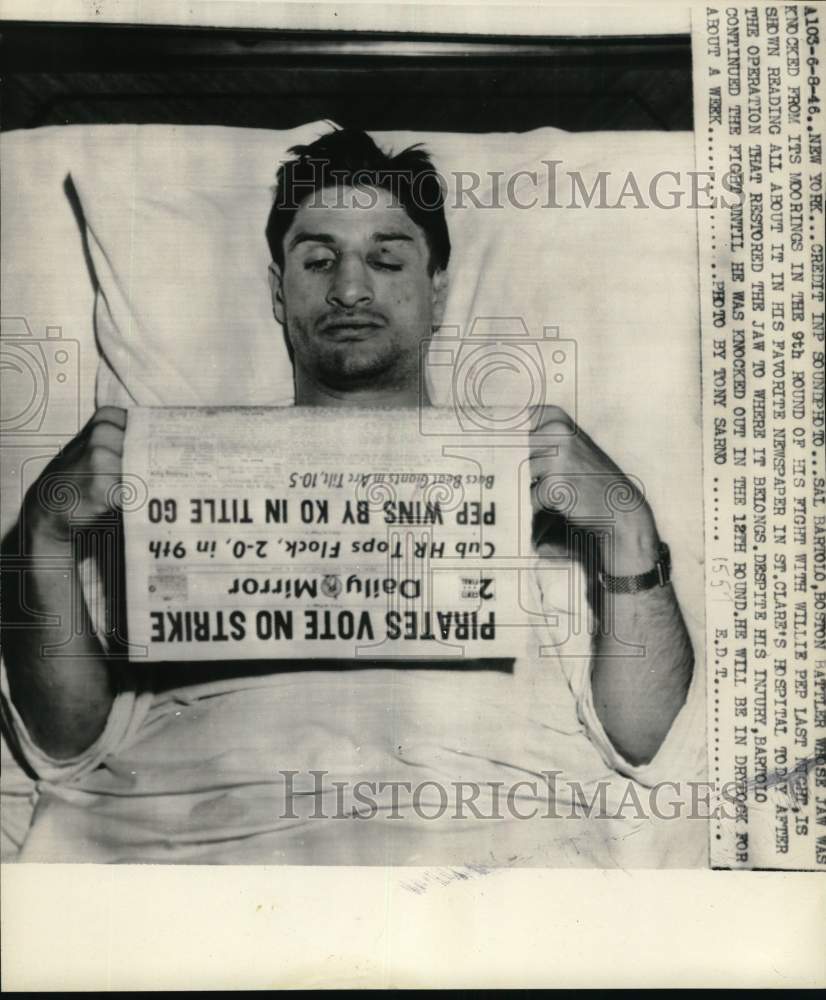 1946 Press Photo Boxer Sal Bartolo after operation, St. Clare&#39;s Hospital, NY- Historic Images