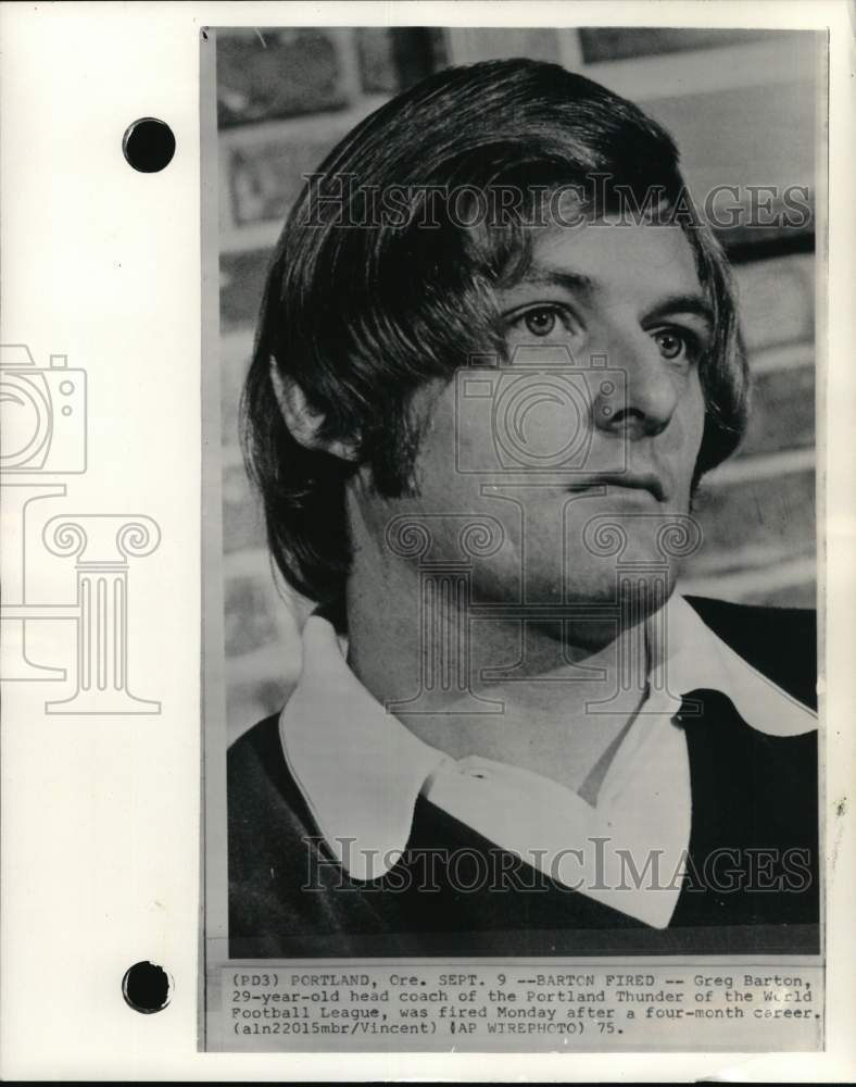 1975 Press Photo Portland Thunders&#39; former football coach Greg Barton, Oregon- Historic Images