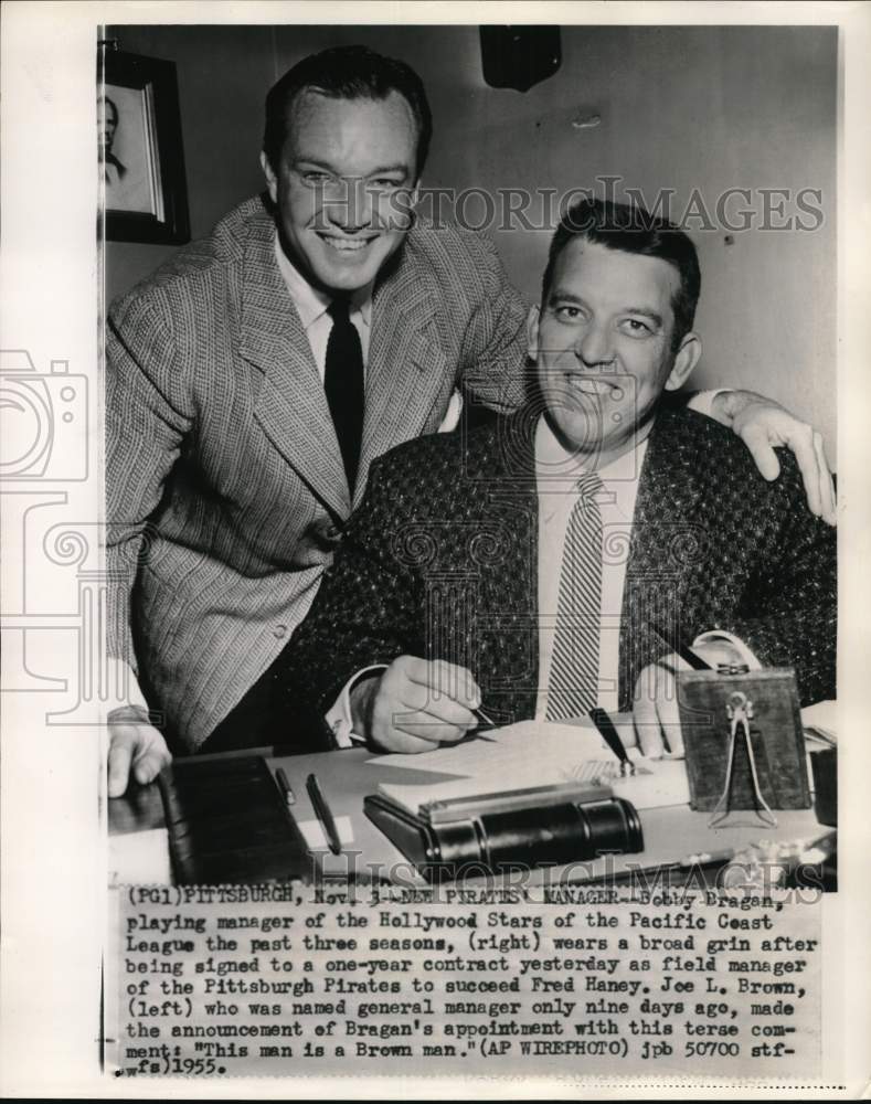 1955 Press Photo Pittsburgh Pirates&#39; Joe L. Brown &amp; Bobby Bragan, Pittsburgh- Historic Images