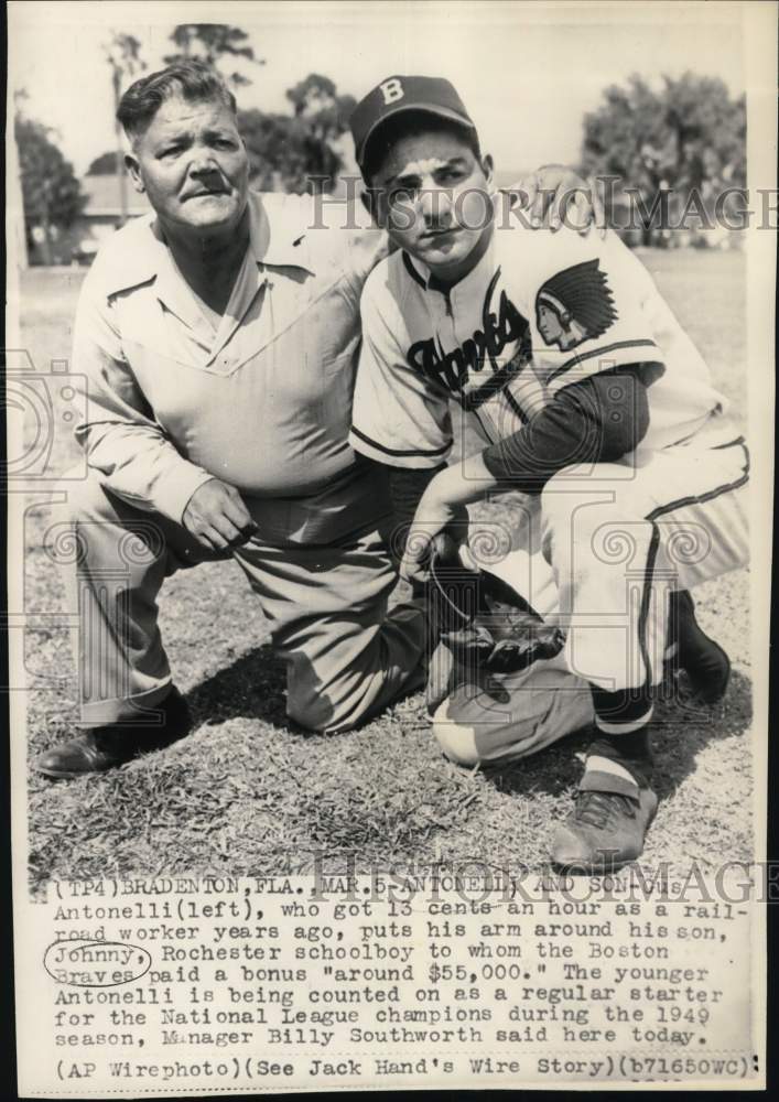 1949 Press Photo Boston Braves' Johnny Antonelli with father Gus, Baseball, FL- Historic Images