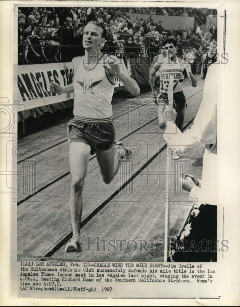 1967 Press Photo Runner Jim Grelle wins Los Angeles Times Indoor meet, CA- Historic Images