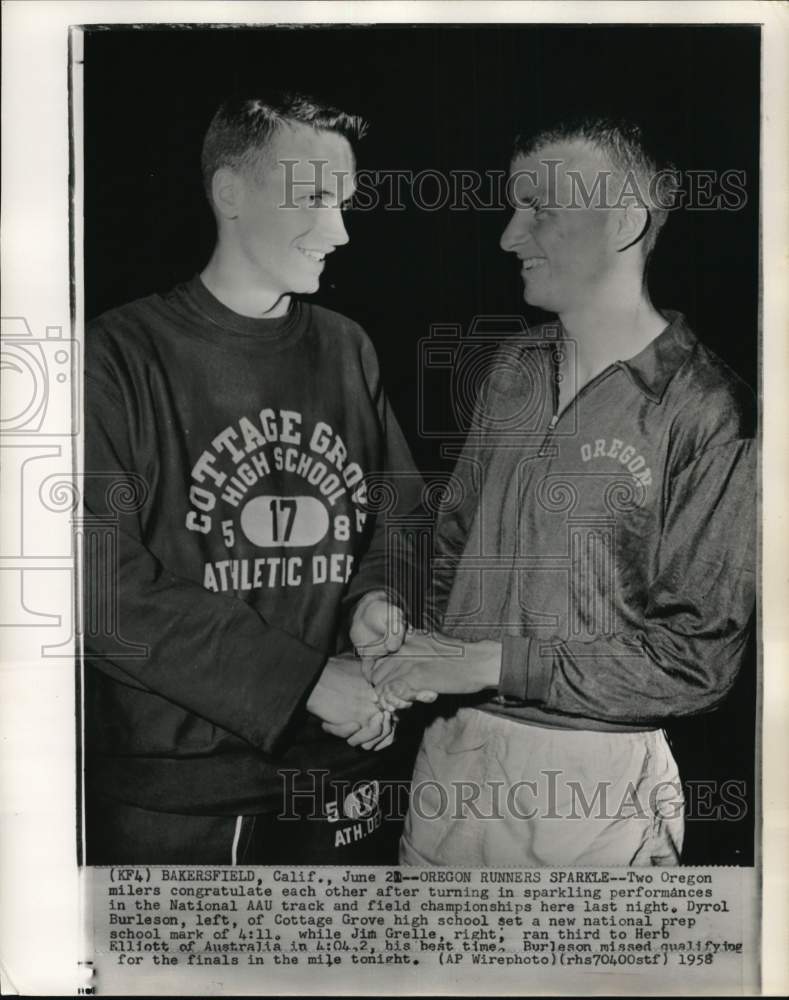 1958 Press Photo Jim Grelle &amp; Dyrol Burleson, AAU track &amp; field game, California- Historic Images